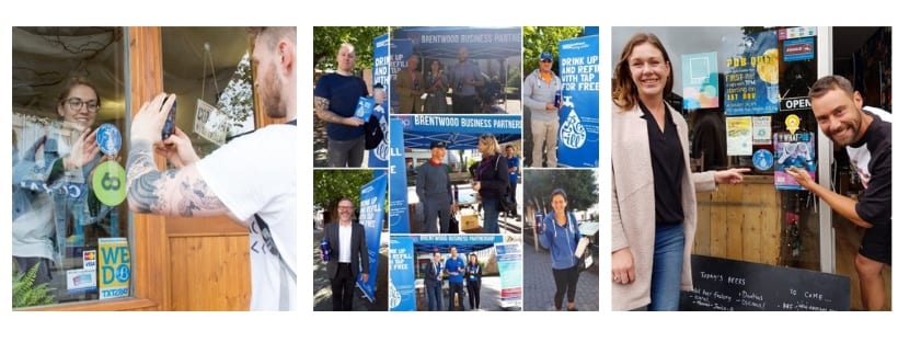 collage of people with refill window stickers and signs