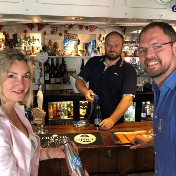 Left to right: Councillor Claire Malcomson (Cabinet Member for Environment) Joel Pyke (landlord of The Old House pub), Councillor Clayton Wellman (Cabinet Member for Sustainable Economy).