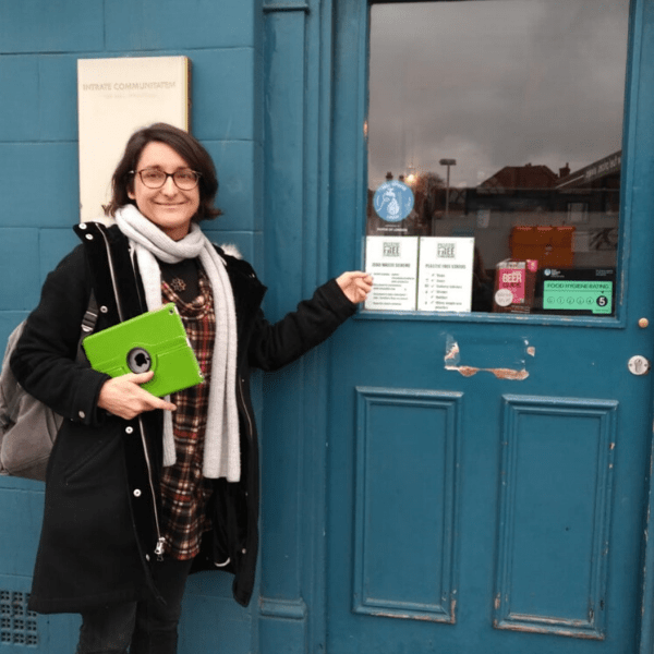 Refill Stapleton Road, people thumbs up outside shop window sticker